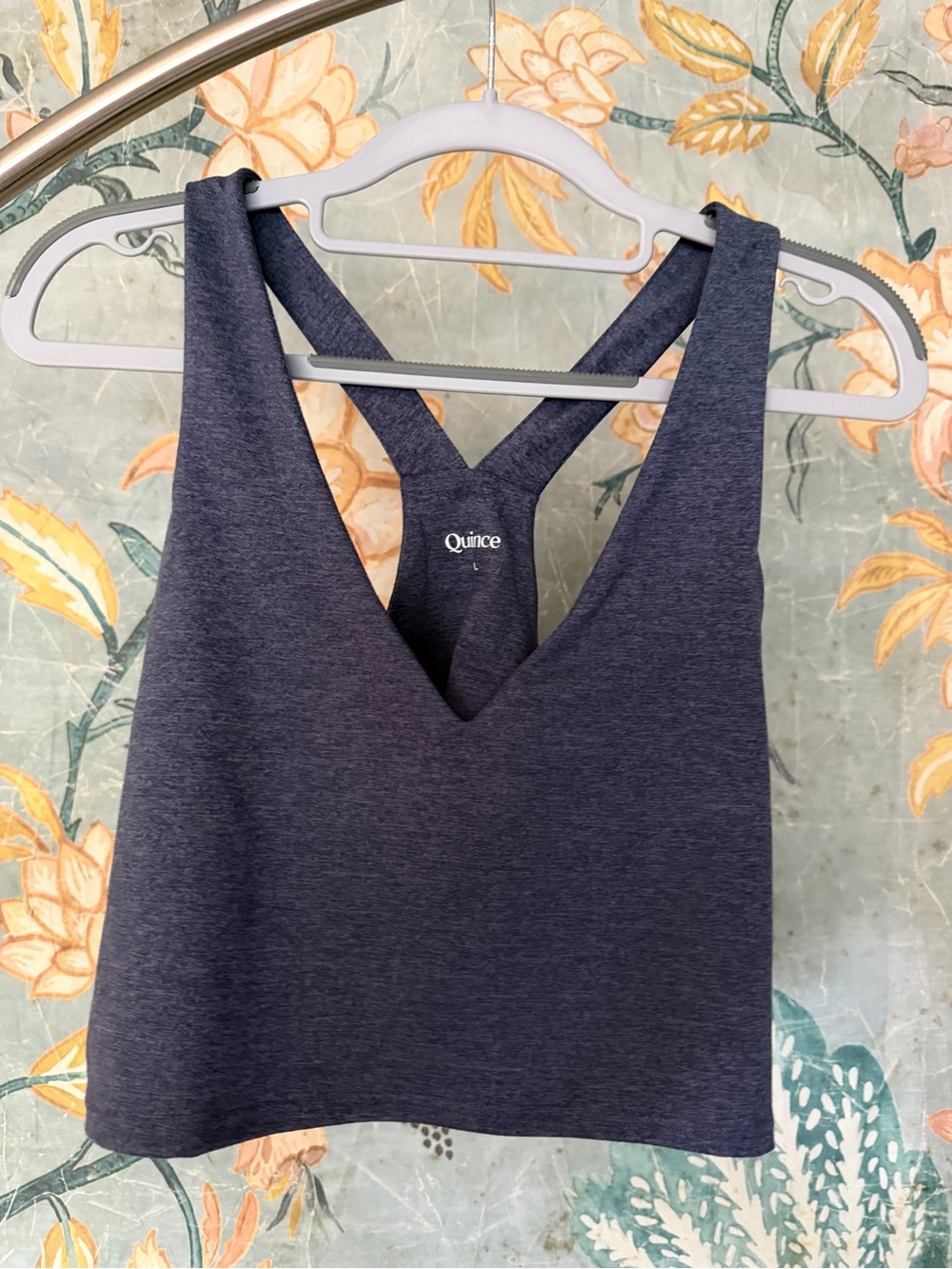 Quince Ultra-Soft V-Neck Cropped Tank Large Heather Storm Blue Racerback